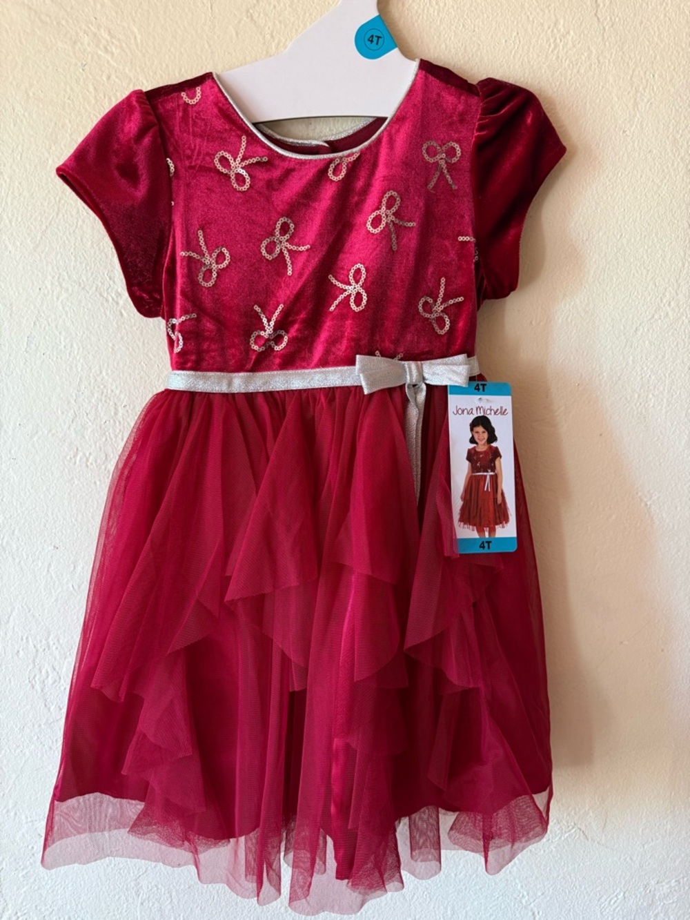 Jona Michelle Red Velvet & Tulle Dress with Silver Bow